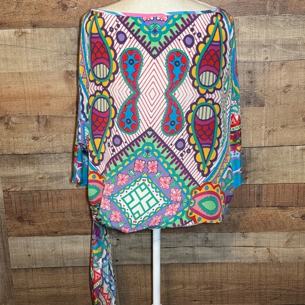 🌻 Analili Paisley Print Silk Tie Waist Boatneck Blouse Top size XS/S Retro Y2K - Picture 3 of 8